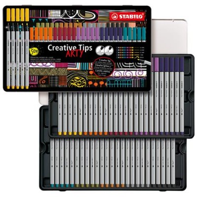 Tűfilc készlet, fém doboz, STABILO "Creative Tips ARTY", 10 különböző szín, 5 különböző vastagság