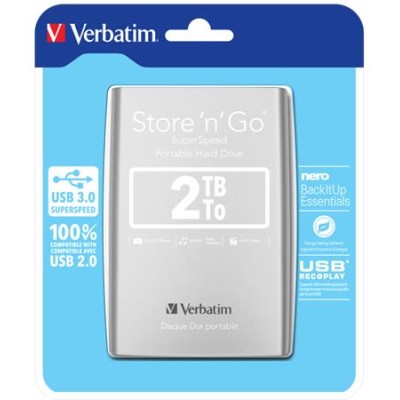 2,5" HDD (merevlemez), 2TB, USB 3.0, VERBATIM, ezüst