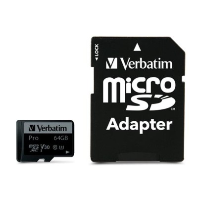 Memóriakártya, microSDXC, 64GB, CL10/U3, 90/45 MB/s, adapter, VERBATIM "PRO"