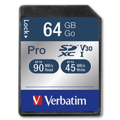 Memóriakártya, SDXC, 64GB, CL10/U3, 90/45MB/sec, VERBATIM "PRO"