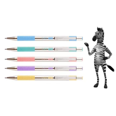 Golyóstoll, 0,24 mm, nyomógombos, rozsdamentes acél, pasztellsárga tolltest, ZEBRA "F-301", kék