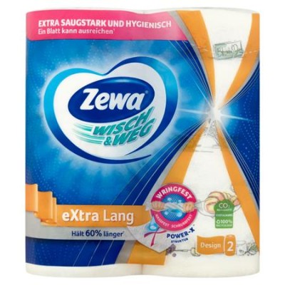 Háztartási papírtörlő, 2 rétegű, 2 tekercses, ZEWA "Wisch&Weg extra lang"