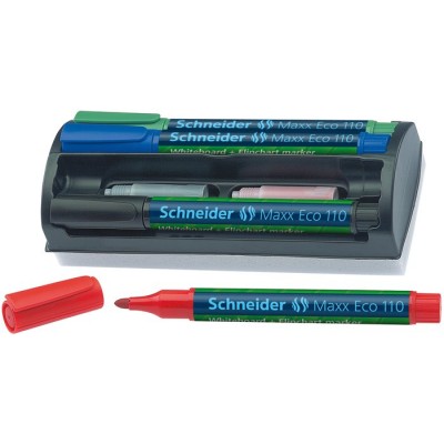 Tábla- és flipchart marker készlet, 1-3 mm, szivaccsal, SCHNEIDER „Maxx Eco 110", 4 különböző szín